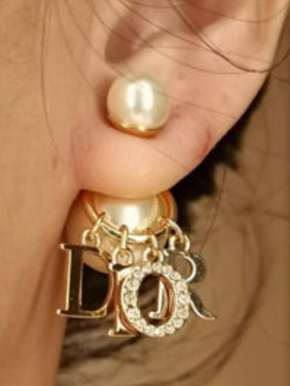 Christian Dior Tribales Crystal Drop Charms and Pearls Gold Tone Stud Earrings - Picture 3 of 5